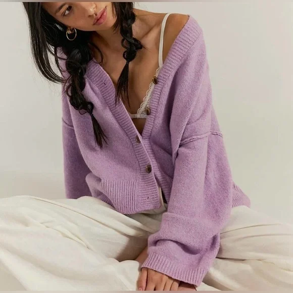 Free People Cool of the Night Cardigan Lilac Spell Melange Oversized XL - Picture 2 of 13